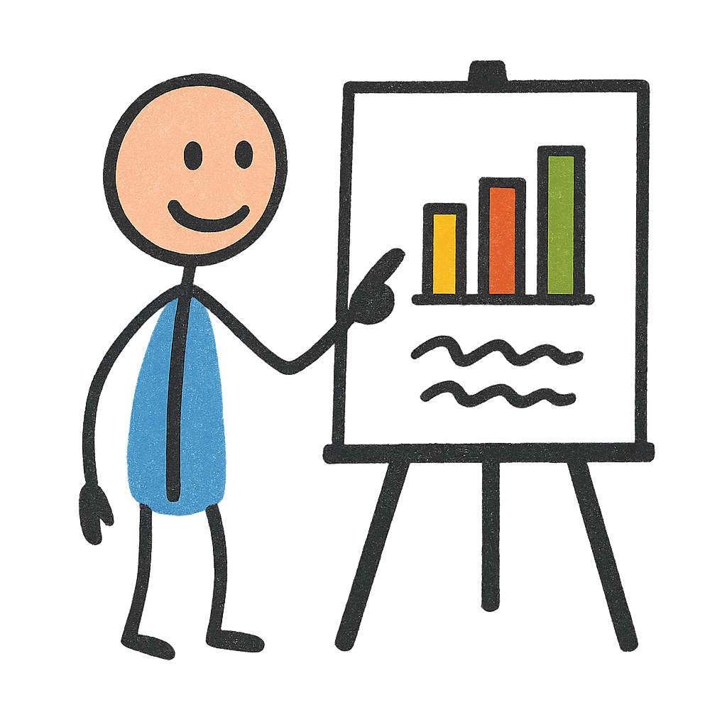A figure pointing at a chart