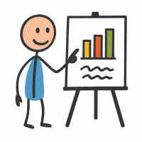 A figure pointing at a chart